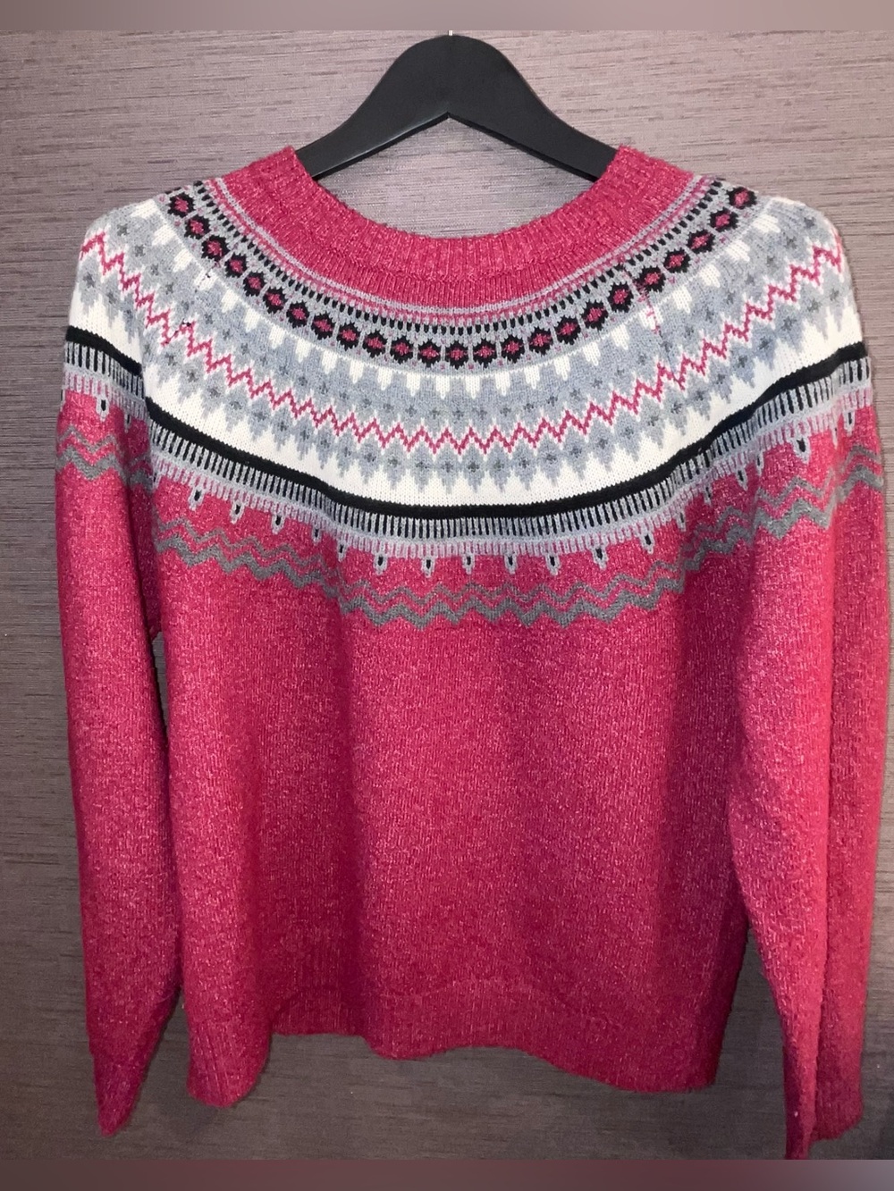 Weatherproof Fair Isle crew neck sweater red, black, white & gray Size Medium